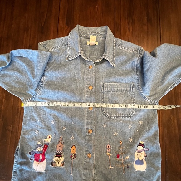 Vintage Christopher & Banks Embroidered Denim Snowman Button-up Shirt, Size Med - Picture 11 of 14